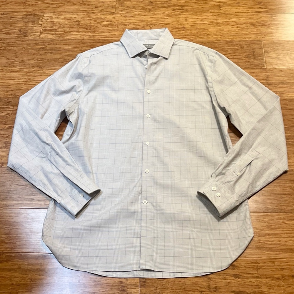 Michael Kors Light gray blue window pane Men's Gray Checkered Shirt